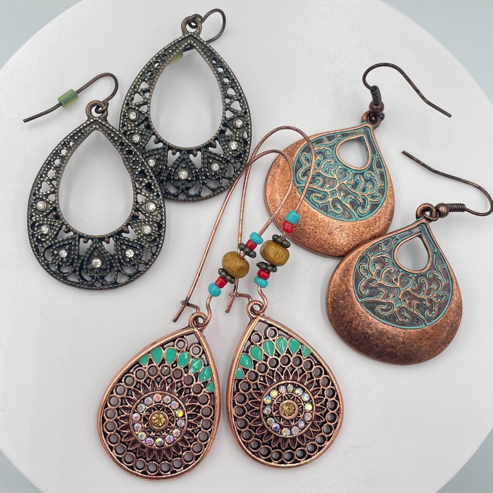 Vintage Copper & Bronze Tone Teardrop Earring Lot 3 Pair Filigree Patina Set